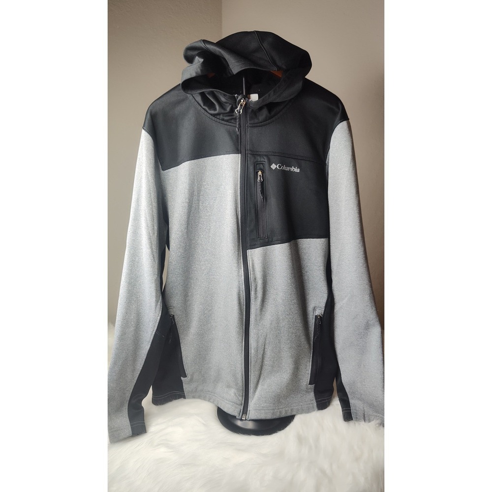Columbia Hoodie Mens Small Black Grey Full Zip Colorblock Fleece Lined Jacket
